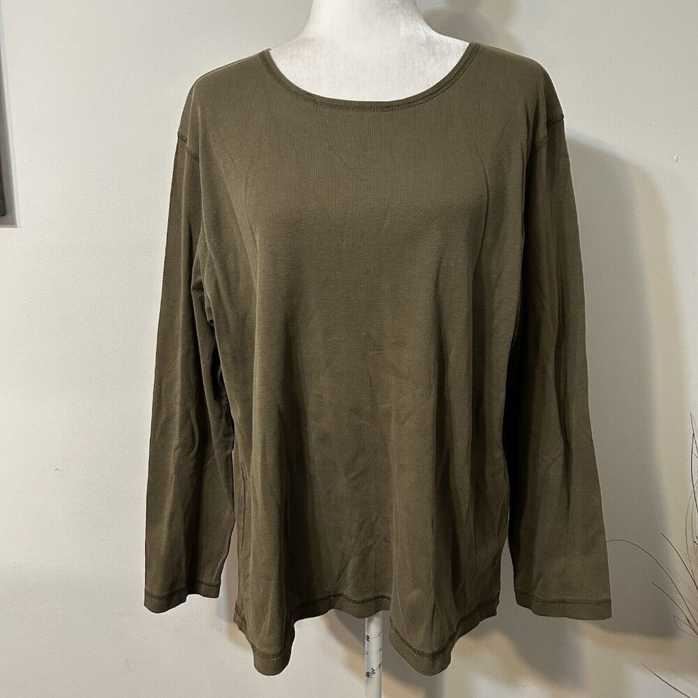 Vtg 80s Aileen Women Long Sleeve T-shirt 100% Cotton Olive Green Sz XL Flaw USA